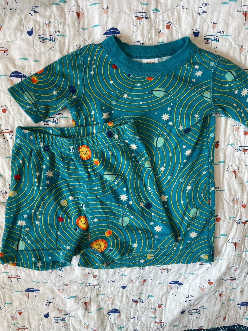 Hanna Andersson Teal Space Planet Short Pajama Set with Sun and Star Motif